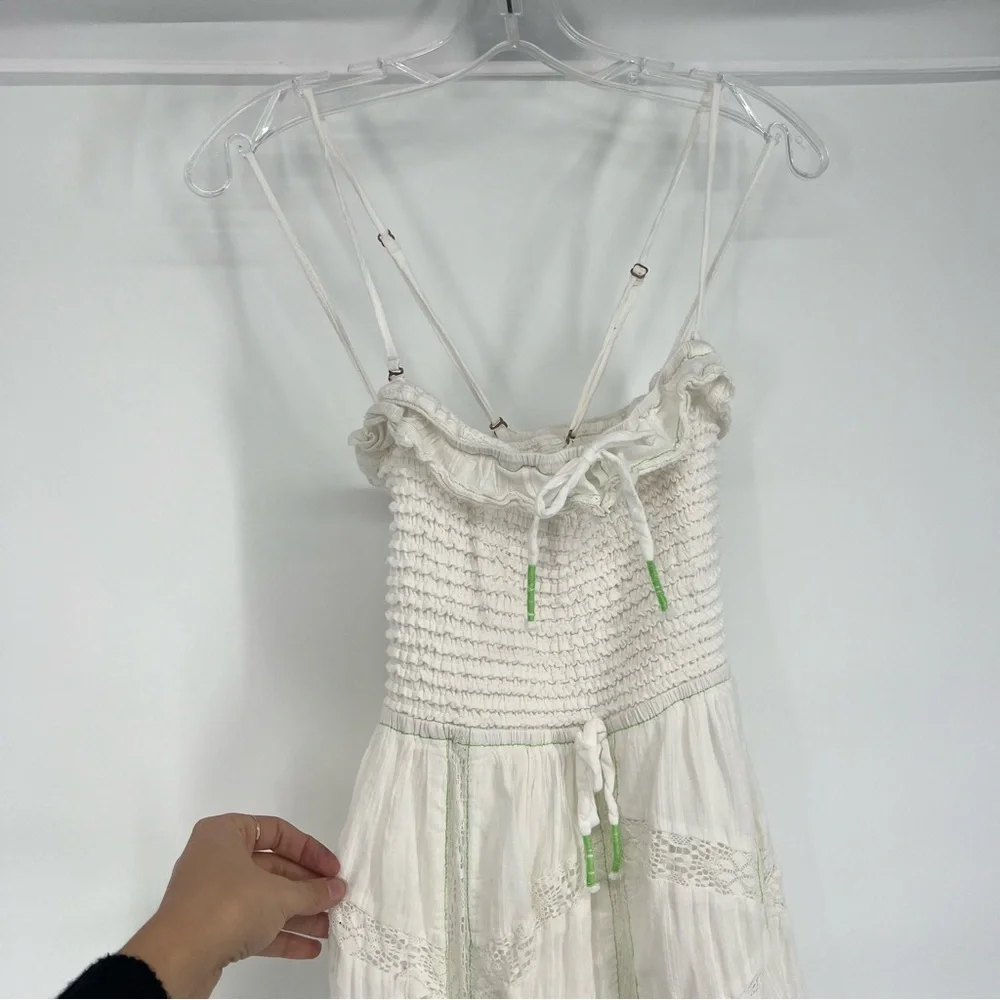 Free People Hi Hello White Floral Embroidered Lace Smocked Bohemian Midi Dress L